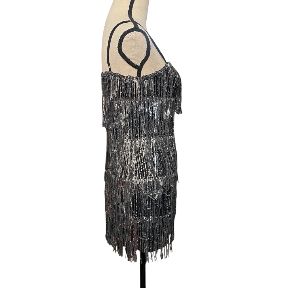 Day + Moon‎ Silver Sequin Layer Fringe Flapper Costume Party Dress Women's Small - Picture 5 of 15